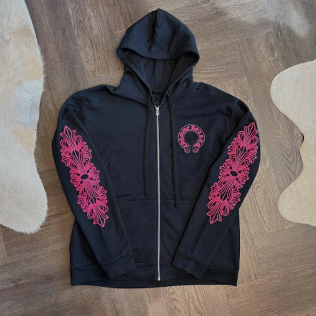 Chrome Hearts Black Pink Floral Horseshoe Zip Up Hoodie - Image 3