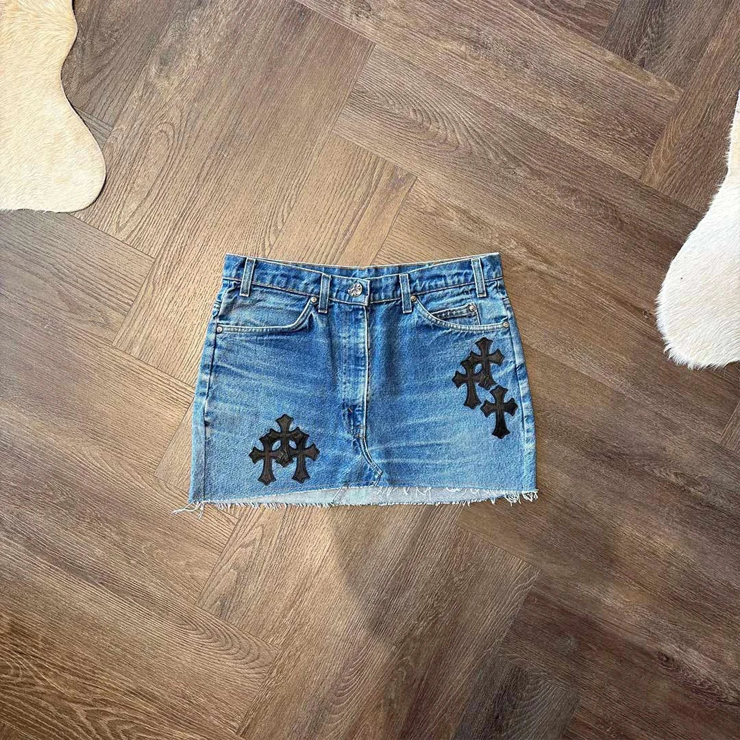 Chrome Hearts Blue Denim Skirt Black Patches