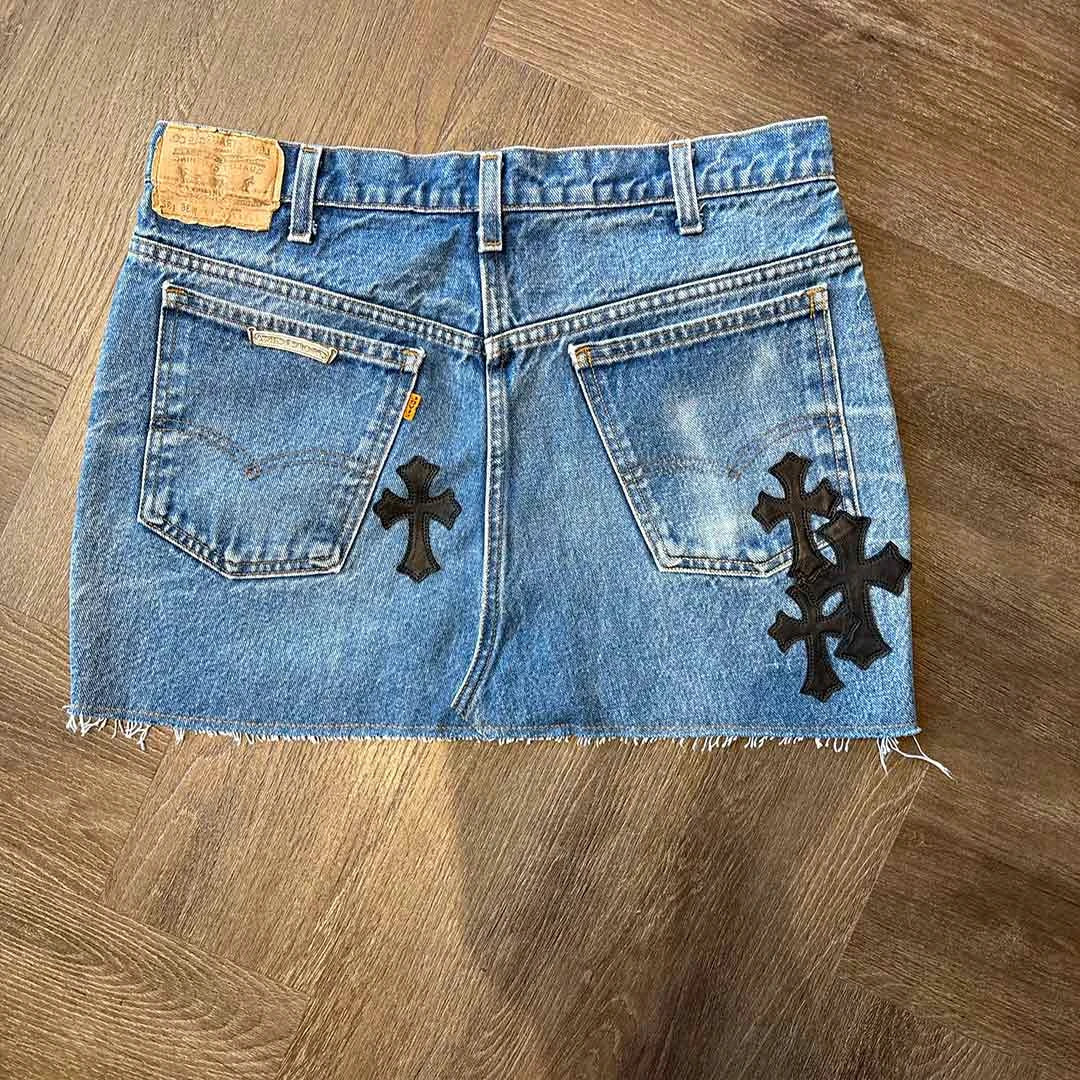 Chrome Hearts Blue Denim Skirt Black Patches - Image 2