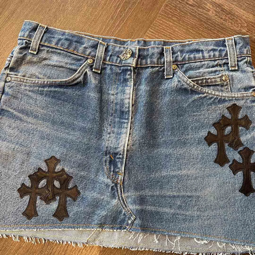 Chrome Hearts Blue Denim Skirt Black Patches - Image 3