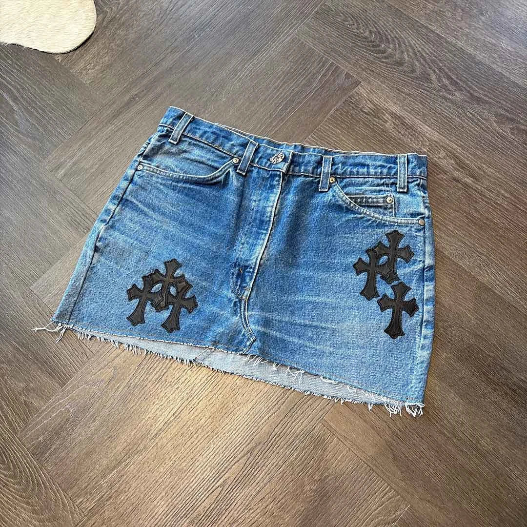 Chrome Hearts Blue Denim Skirt Black Patches - Image 4