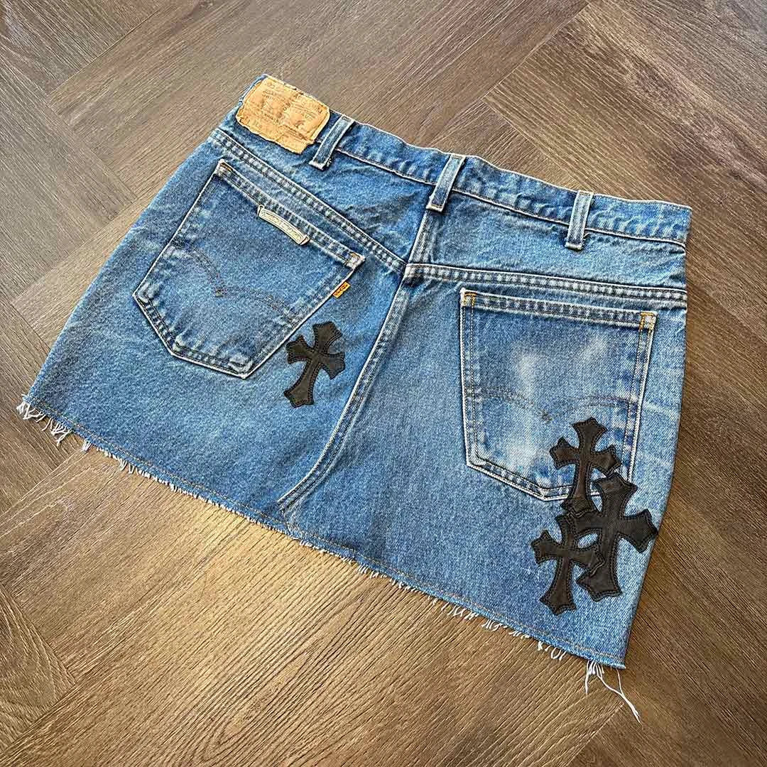 Chrome Hearts Blue Denim Skirt Black Patches - Image 5