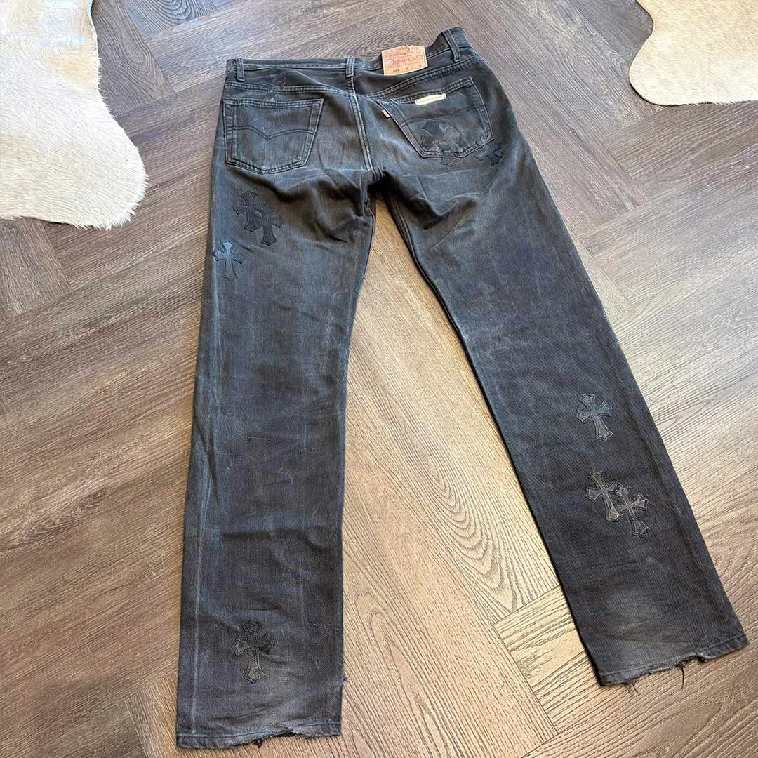 Chrome Hearts Grey Black Denim Jeans 14 Patches - Image 2