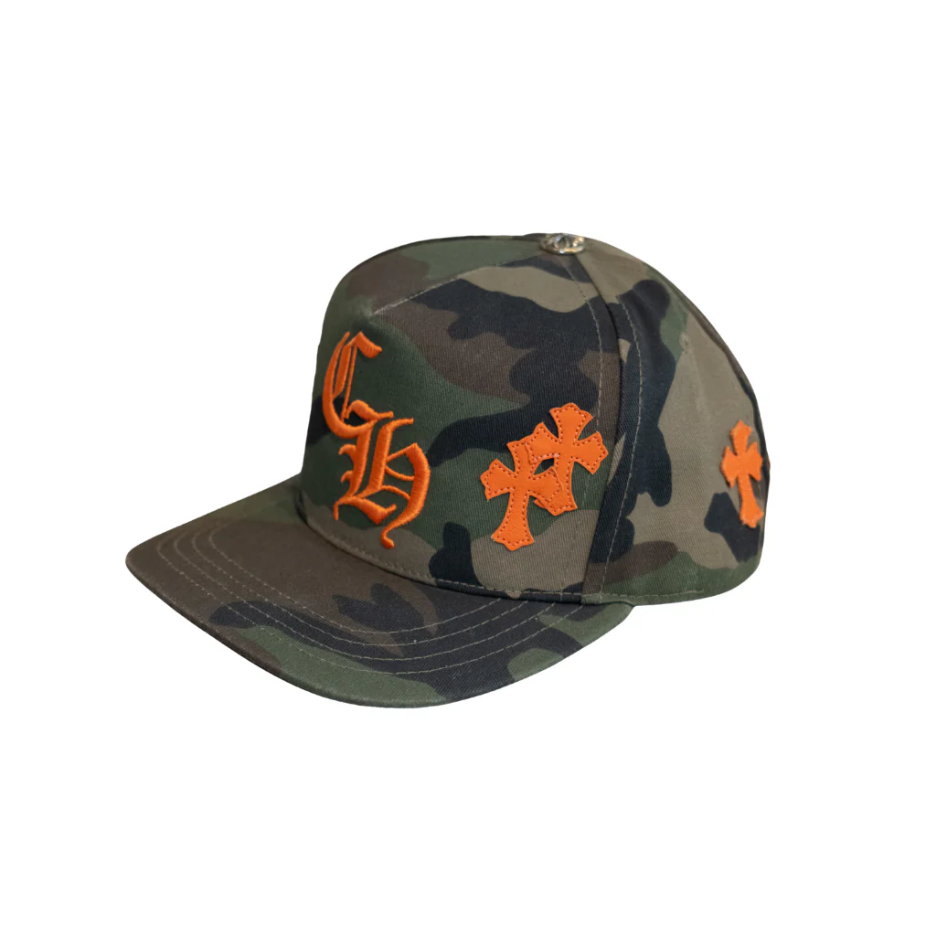 Chrome Hearts Orange Cemetery Cross Patch Camo Snapback Hat - Image 3