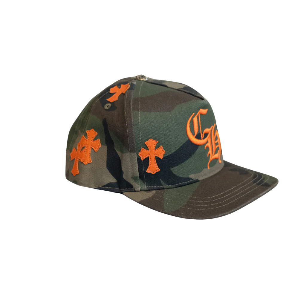 Chrome Hearts Orange Cemetery Cross Patch Camo Snapback Hat - Image 4