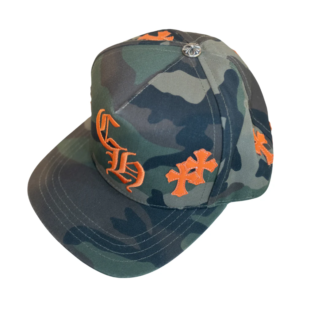 Chrome Hearts Orange Cemetery Cross Patch Camo Snapback Hat - Image 5